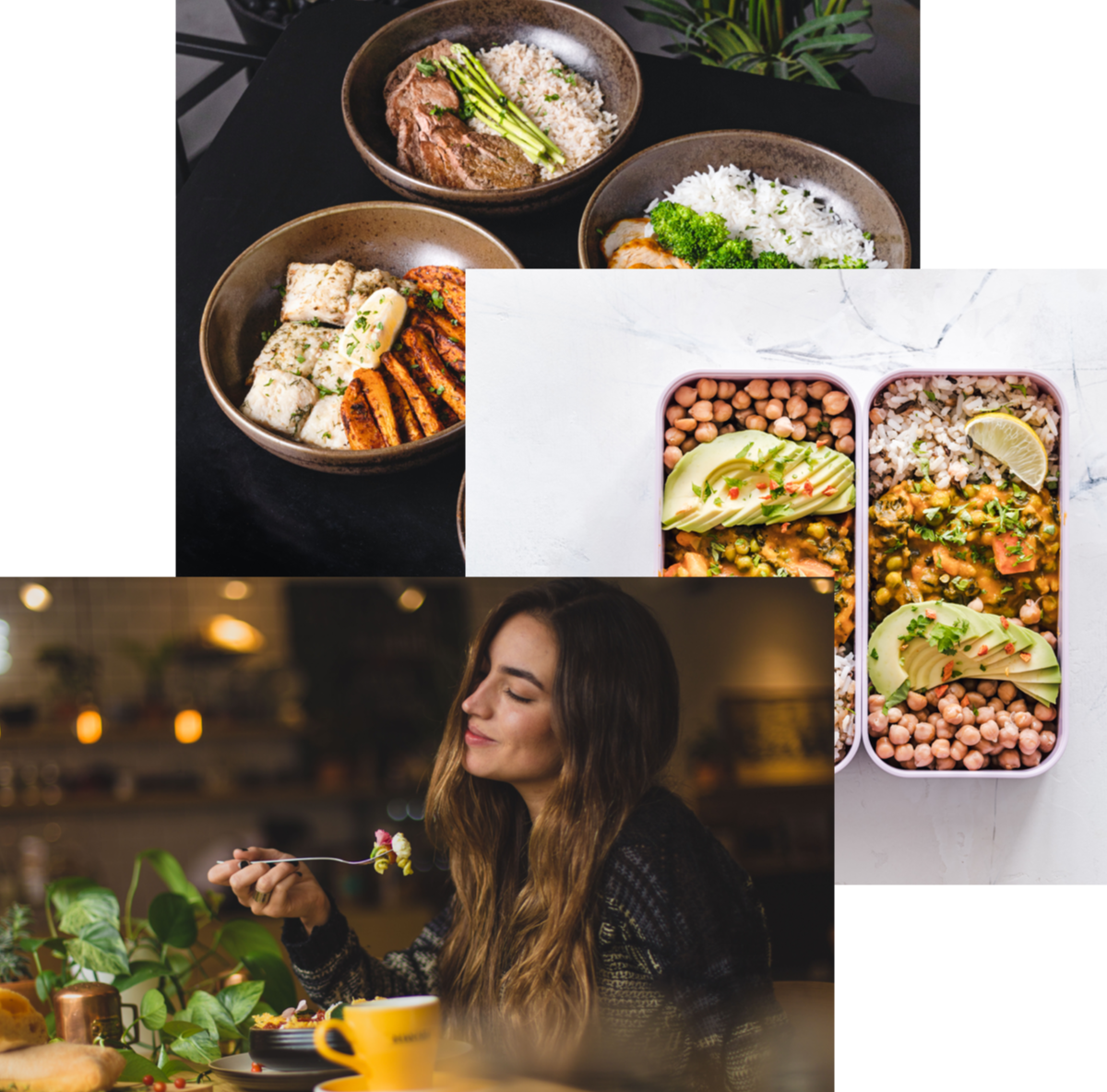 women enjoying food, meals in storage container, and food bowls on a table